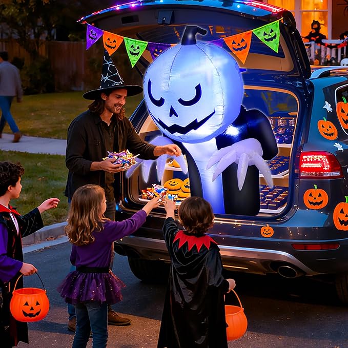 3.6 Ft Halloween Trunk or Treat Inflatable Car Decorations Kit, Blow Up Pumpkin Ghost Built in Blue LED Lights Quick-Inflating Outdoor Decor for Car, Halloween Party Yard Decor