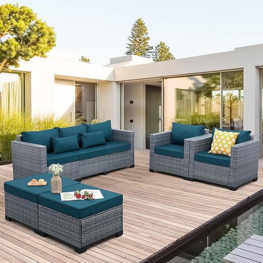 Patio Furniture Set, 5-Piece Outdoor Wicker Conversation Set with All-Weather PE Rattan, Anti-Slip Cushions & Ottomans, Sectional Sofa for Patio, Balcony & Deck, Peacock Blue