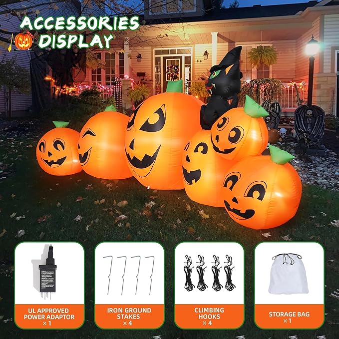 10FT Long Halloween Inflatable Pumpkin Patch with Black Witch's Cat, Giant Pumpkin Patch with Build-in LED Lights, Blow up Inflatable Decoration for Outdoor Large Party Yard Decoration