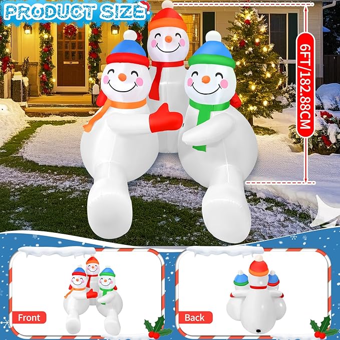2025 Christamas Inflatable Snowman 6FT 3 Snowmen Brothers Hugging Christamas Inflatables Outdoor Decoration Xmas Snowman Blow Up Decor with Built-in 5 LEDs for Holiday Party Yard Garden Lawn