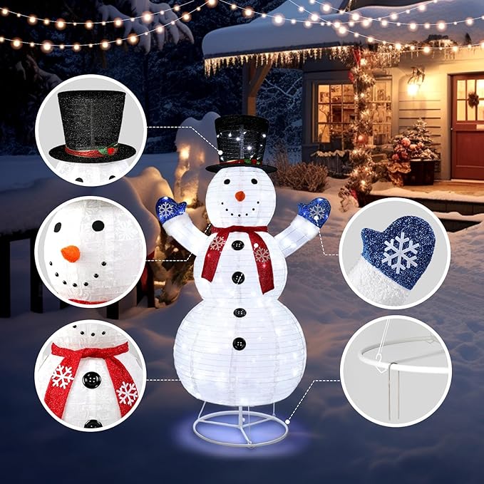 Outvita Outdoor Christmas Decorations 6ft Lighted Snowman, White Snowman with Twinkle Lights Red Scarf Black Hat, Foldable Snowman for Xmas Indoor and Outdoor Garden, Yard Decor