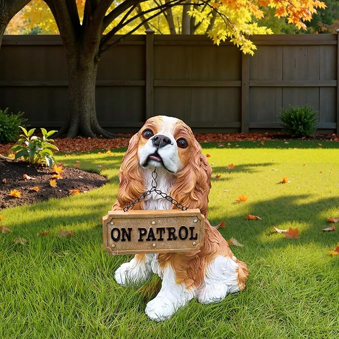 Cavalier King Charles Spaniel Outdoor Dog Statue with Reversible “Welcome/ON Patrol” Hanging Plaque and Solar Porch Lantern, Brown & White Sitting