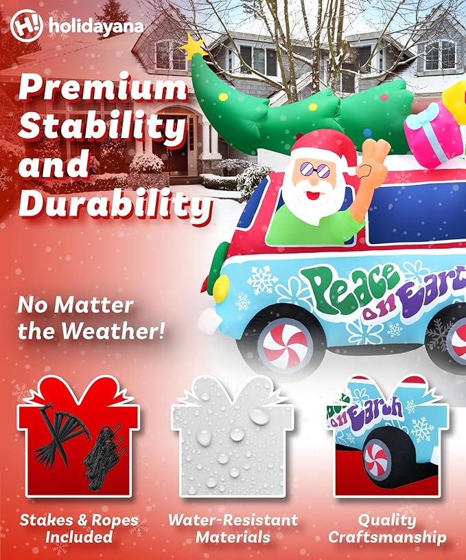 Holidayana Christmas Inflatables Large 8ft Tall Santa Hippie Van - Inflatable Outdoor Christmas Decorations Blow Up X-mas Decorations for Yard, Lawn & Garden Internal Lights & Built-in Fan