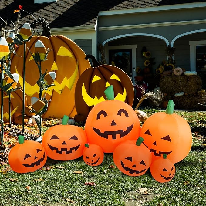 DearSun 8.0FT Long Halloween Inflatable Pumpkin Patch Fall Inflatable Thanksgiving Inflatable Pumpkin Patch Blow up Pumpkin Decor Outer Large Party Yard Decoration