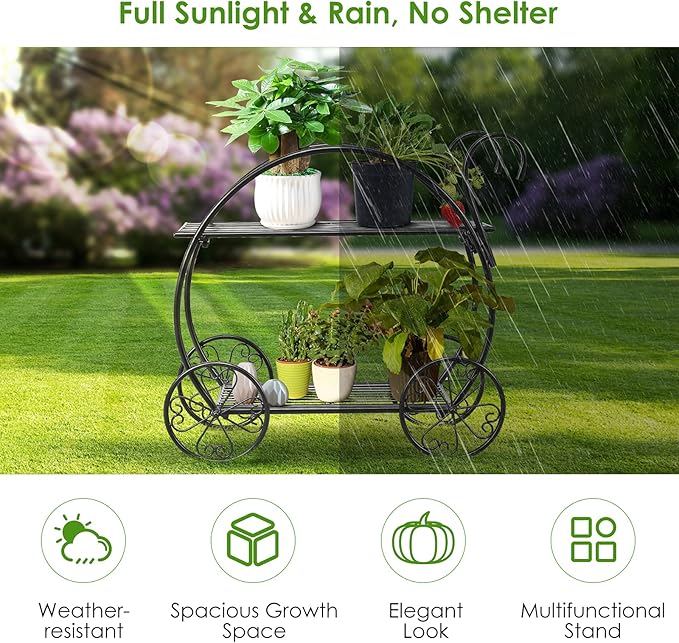 S AFSTAR Metal Plant Stand, Two Tiered Garden Cart Shelf for Indoor Outdoor Home Garden Patio, Parisian Style Flower Pot Holder, Stable and Durable