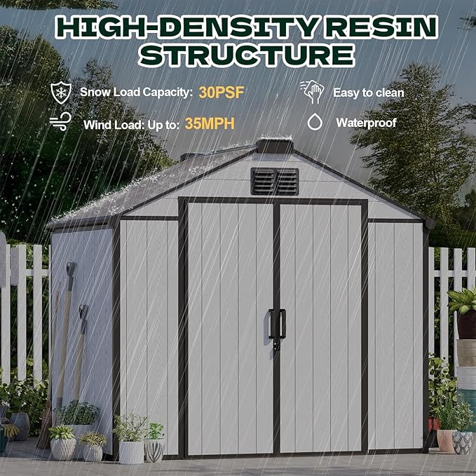 MELLCOM 8 x 6 FT Outdoor Plastic Garden Storage Shed with Floor, Resin Tool Storage Shed with Windows and Lockable Door for Patio, Lawnmower, Pool Supply, Bike
