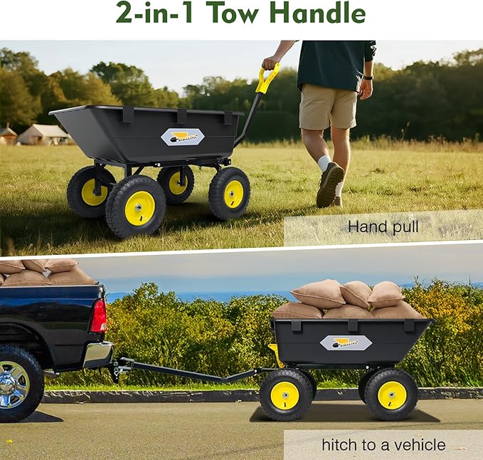 Garden Dump Cart, Heavy-Duty Utility Wagon with 1200 lbs Capacity, 6 Cu Ft Bed, 12.6" Pneumatic Tires, 180° Pivot Steering for Yard, Lawn, and Beach Use