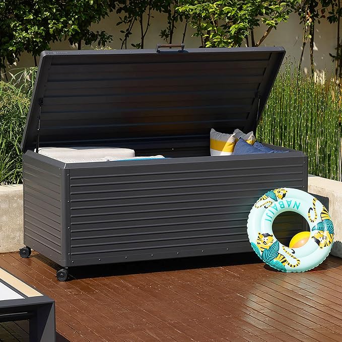 MIRADOR 281 Gallon Outdoor Storage Box Waterproof with Wheels, Metal Deck Boxfor Patio Furniture, Garden Tools, Outdoor Cushion, Charcoal