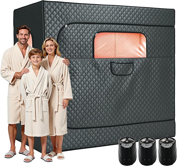 Albott 3 Person Steam Sauna for Home, Portable Sauna Tent with 3L 1500W Steamer, Extra Large Size 6.6’ x 3.3’ x 5.8’ Full Body Home Spa, Remote Control, Folding Chair, Grey