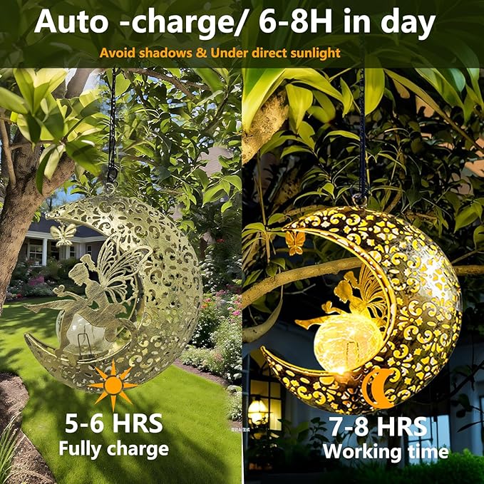 Solar Garden Fairy Statues Decor Hanging Lights,Outdoor Moon Decorations Metal Yard Art,Housewarming for Patio,Wall,Fences,Trail,Great Gift Idea for Gardening Mom and Grandma