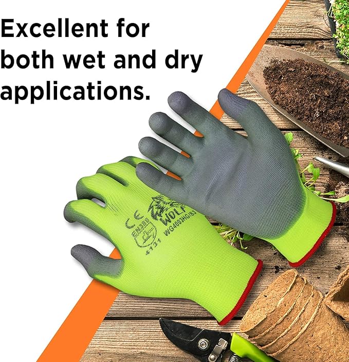 WOLF Polyurethane Palm Coated Nylon Shell Work Gloves, Construction, Mechanic, Warehouse, Yard Work, Gardening