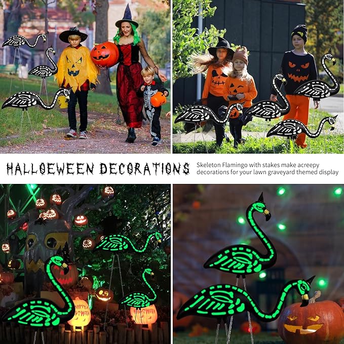 Halloween Black Flamingo Skeleton,Skeleton Flamingo Glow in The Dark, Zombie Flamingos for Spooky Graveyard Decorations, Skull Flamingo with Stakes for Halloween Lawn Ornaments, 2 Pack