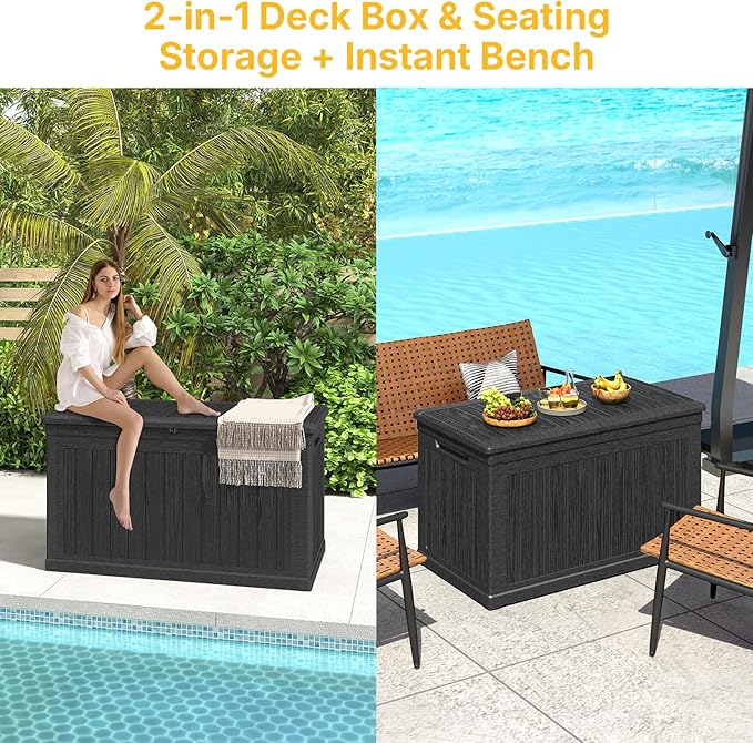 230 Gallon Deck Box, Outdoor Storage Box Waterproof and UV Resistant, Patio Storage Box Lockable Large, 440 lbs Load Capacity for Garden, Patio, Pool (Black)