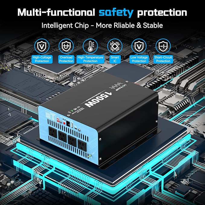New Upgraded 1500 Watts Pure Sine Wave Inverter, 12V DC to 110V AC Power Inverter with 4 AC Outlets, USB Port, Type-C Port for Truck, Vehicle, Power Outage, Remote Control with LCD Screen