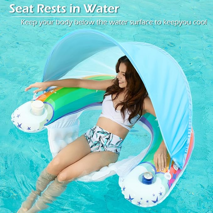Jasonwell Pool Float with Canopy - Inflatable Pool Floaties Adult Floating Pool Chair Lounge Floats for Swimming Pool Water Chair Pool Lounger with Cup Holders Pool Toy Party Floaty for Adults