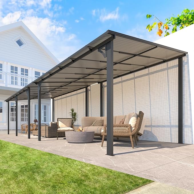 AECOJOY 26' x 10' Gazebo for Patio, Large Wall-Mounted Hard Top Lean-to Gazebo Pergola with Roof 10' x 26' on Clearance, Heavy Duty Patio Awnings for Decks, Backyard