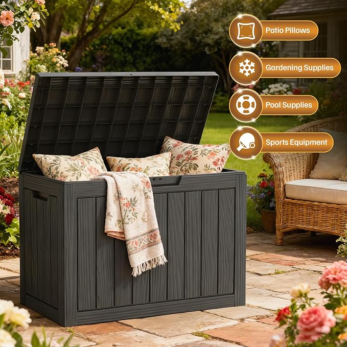 45 Gallon Deck Box, Small Outdoor Storage Box Waterproof, UV-Resistant and Weatherproof Outside Resin Storage Bin for Outdoor Patio Furniture Pillows, Pool Supplies, Garden Tools, Black