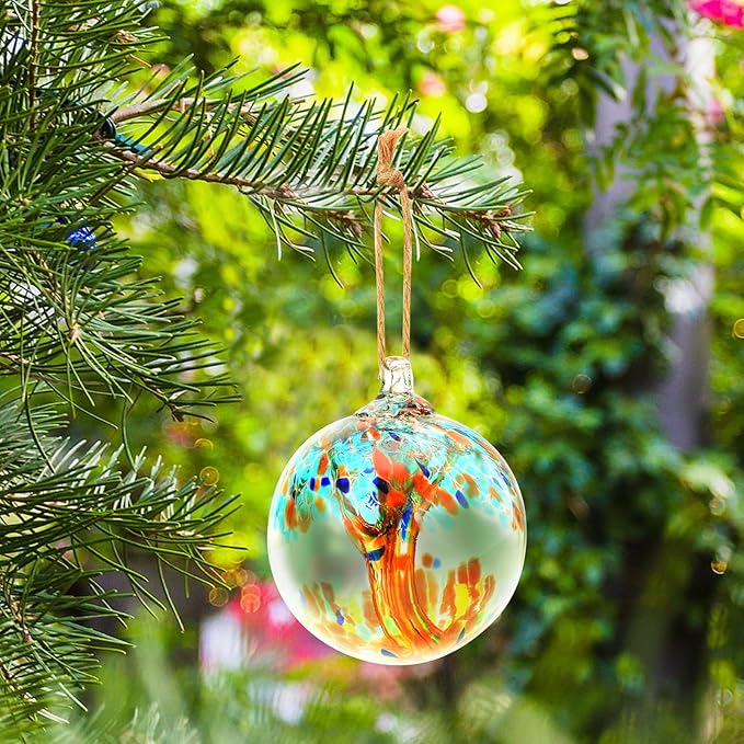 Hand Blown Glass Ball, 4" Gazing Glass Christmas Ornaments, Hanging Tree of Life Witch Balls for Home Outdoor Window Patio Garden Décor（Blue）