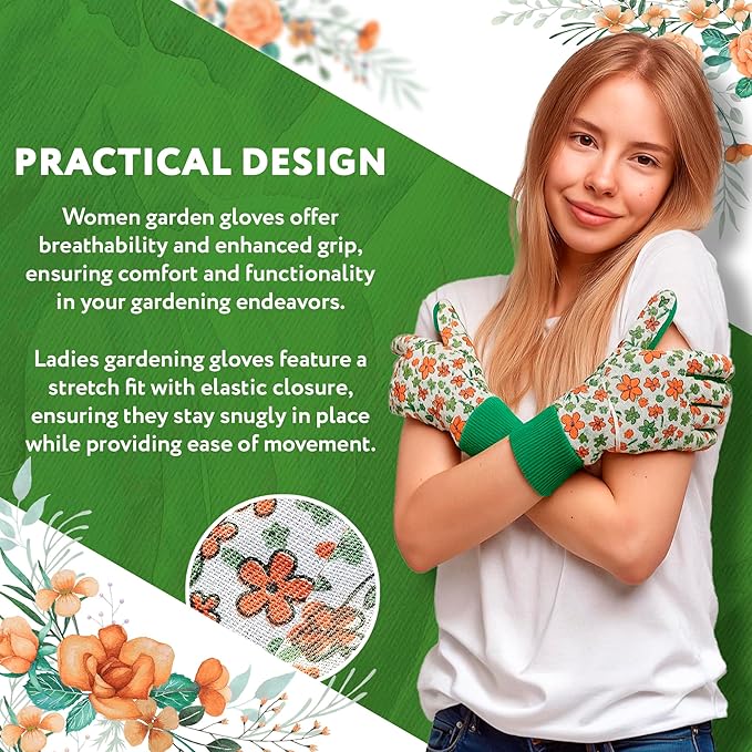 Floral Gardening Gloves for Women, 9 Inch. 6 Pairs Cotton Work Gloves with Knit Wrist. Gardening Gifts for Women