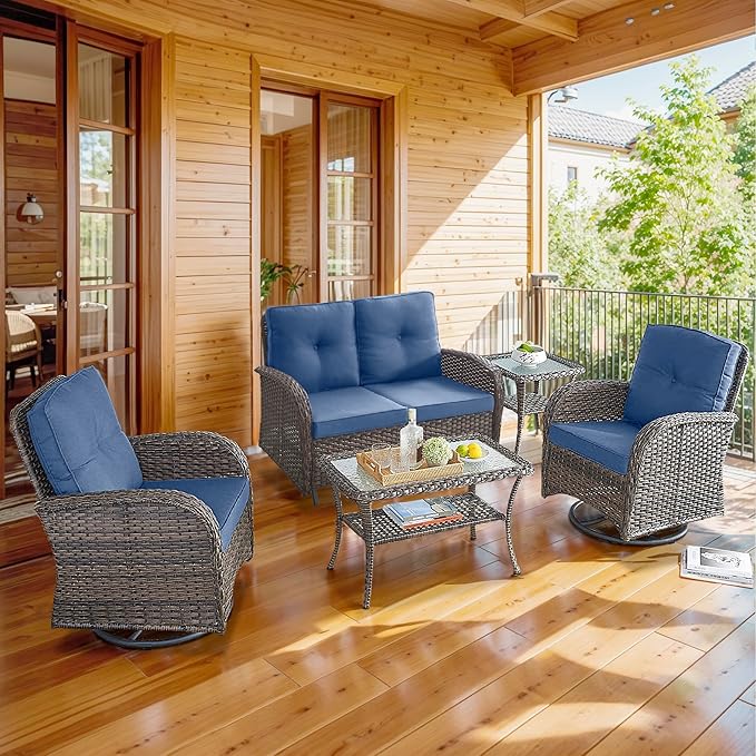 5 Piece Patio Furniture Set - Wicker Patio Conversation Set with Swivel Glider, Glider Loveseat, Tempered Glass Side Table and Coffee Table for Deck Backyard - Brown Wicker Blue Cushion