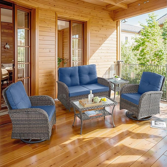 5 Piece Patio Furniture Set - Wicker Patio Conversation Set with Swivel Glider, Glider Loveseat, Tempered Glass Side Table and Coffee Table for Deck Backyard - Brown Wicker Blue Cushion