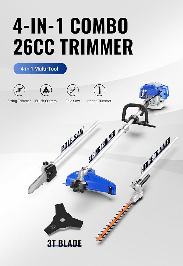 WILD BADGER POWER 26cc Weed Wacker Gas Powered, String Trimmer/Edger, Pole Saw, Hedge Trimmer and Brush Cutter Blade, 4-in-1 Multi Yard Care Tools, Rubber Handle & Shoulder Strap Included