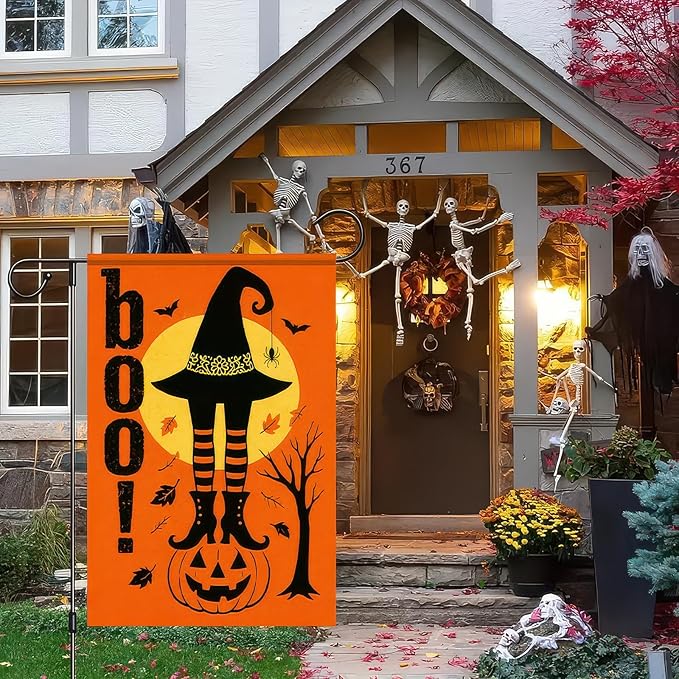 Boo Halloween Garden Flag 12x18 inch Double Sided Witch Hat Legs Jack-O-Lantern Banner Spooky Pumpkin Flags Small Yard Flag for Halloween Outdoor Decoration Porch Lawn Garden Decor