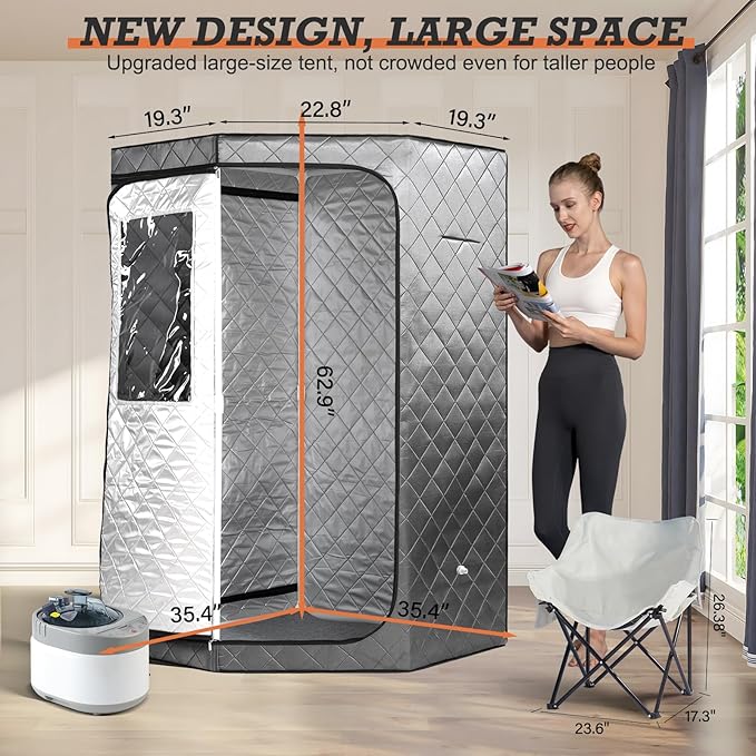 Smartmak Portable Steam Sauna, Full Body Sauna Tent for Home, Personal Home Sauna Box, with 4L & 1500W Steamer, Remote Control, Upgraded Folding Chair