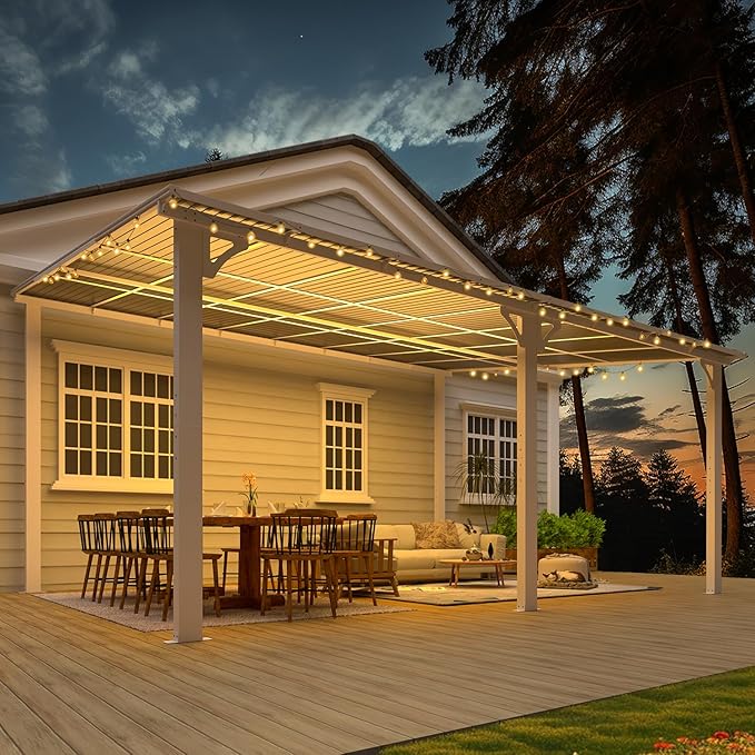 AECOJOY 16' x 12' Gazebo Outdoor Pergola for Patio, White Large Wall-Mounted Hard Top 12x16 Lean to Metal Gazebo Shelter Pergolas and Gazebos Clearance with Patio Roof, Heavy Duty Awnings for Patio