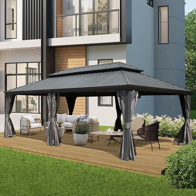 Domi 14' X 22' Hardtop Gazebo Outdoor Metal Gazebo Canopy with Galvanized Steel Double Roof, Aluminum Frame, Curtains and Netting for Patio, Deck, Garden, Grey