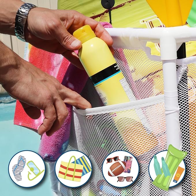 Essentially Yours Pool Storage Equipment Organizer Holder - Noodles, Toys, Balls and Floats Mesh Rolling Double Decker Bin, Large with Noodle Holder, (35.3" W x 23" L x 59.4" H), White Style 561935
