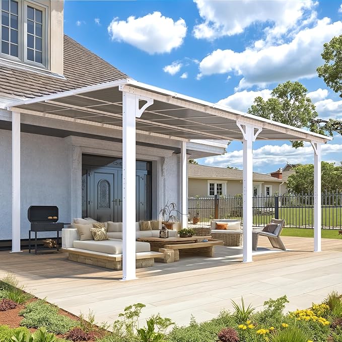 AECOJOY 14' x 12' Gazebo Outdoor Pergola for Patio, White Large Wall-Mounted Hard Top 12x14 Lean to Metal Gazebo Shelter Pergolas and Gazebos Clearance with Patio Roof, Heavy Duty Awnings for Patio