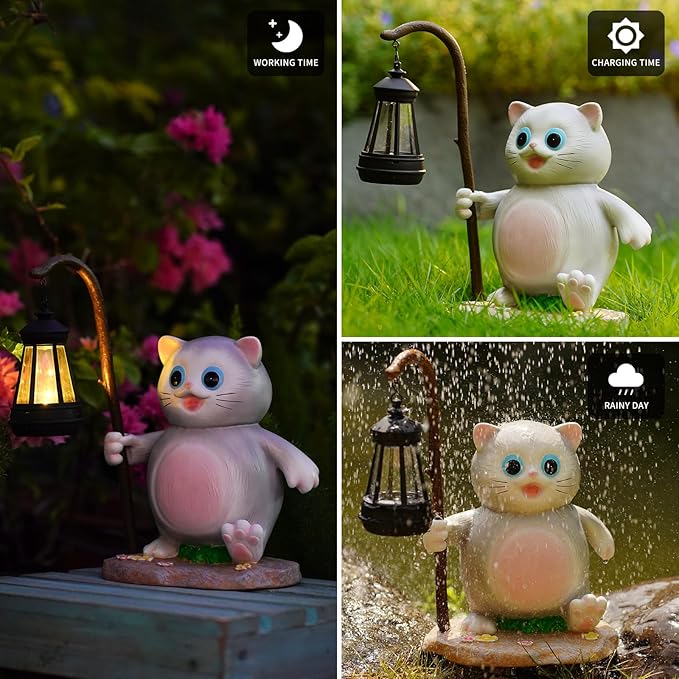 Solar Garden Outdoor Statues Cat with LED Solar Lantern Figurine for Lawn,Patio, Balcony, Yard Decor Unique Housewarming Gift, for Mom, Grandma,Father,Woman