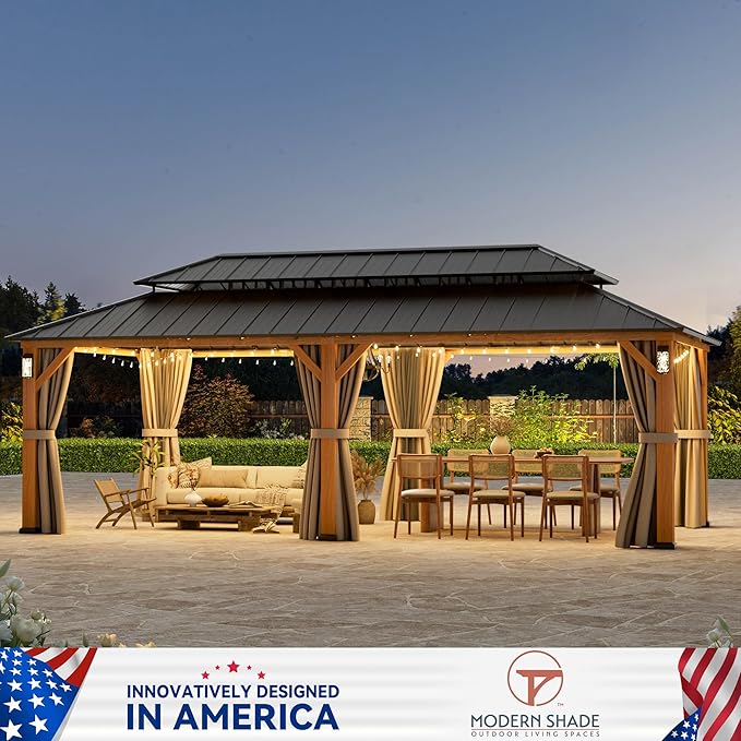Modern Shade The Horizon Permanent Hardtop Gazebo 12' x 24' with 4 LED Lights, Outdoor Gazebo w/Galvanized Steel Double Roof, Patio Pavilion w/Decor Hooks, Mosquito Netting and Curtains, Wood-Looking