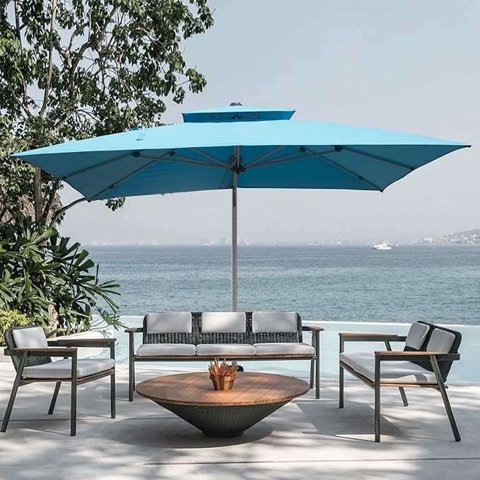 Domi 10x10ft Auto-Bloom Patio Umbrella - Outdoor Large Square Cantilever Umbrella, Heavy Duty Windproof Offset Aluminum Sun Shade with UV Protection for Beach, Pool, Balcony, Porch, Deck, Lake Blue