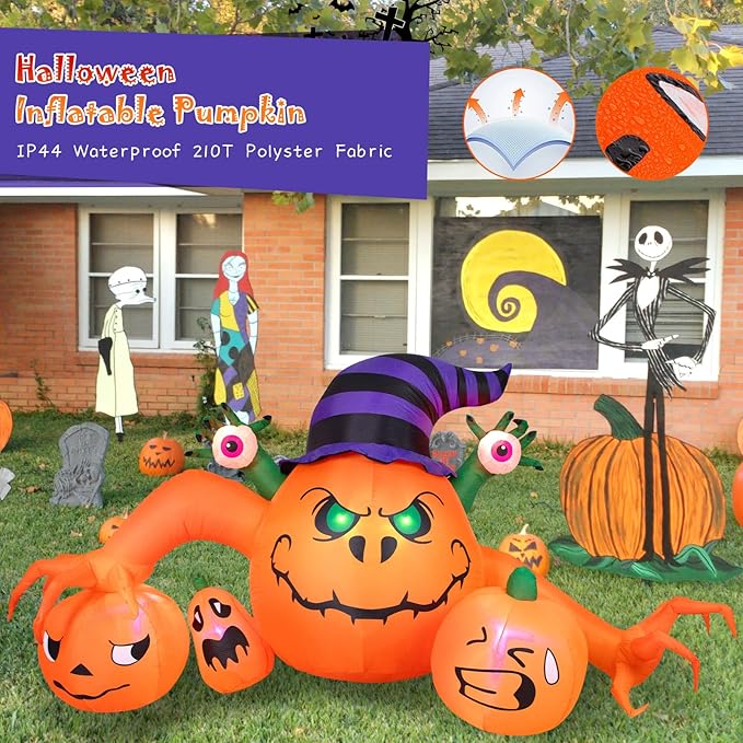 8FT Long Halloween Inflatable Outdoor Decorations, Pumpkin Decorations with Build-in LED Lights, Blow Up Jack-o-Lantern for Indoor Outdoor Halloween Party, Yard, Garden, Lawn