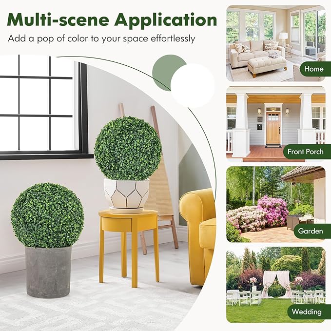 Goplus 2 PCS 16 Inch Artificial Plant Topiary Ball, Round Faux Boxwood Balls Outdoor, Fake Plant Sphere for Front Door, Porch, Backyard, Balcony, Patio, Garden, Wedding and Home Décor