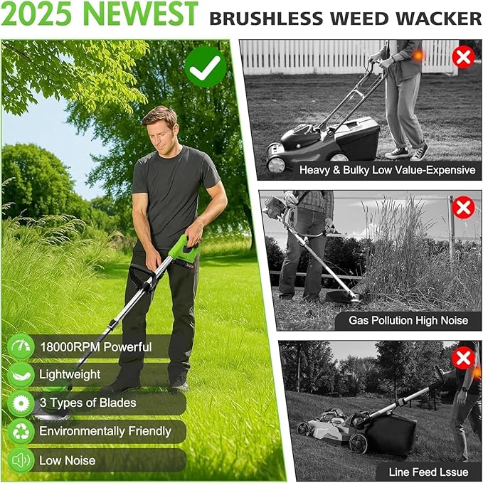 Electric Weed Wacker Cordless stringless,Grass Trimmer,with 2 Batteries, 1 Charger, 3 Types Blades, Weed Wacker Eater Battery Powered Lightweight Battery Weed Trimmer for Yard and Garden