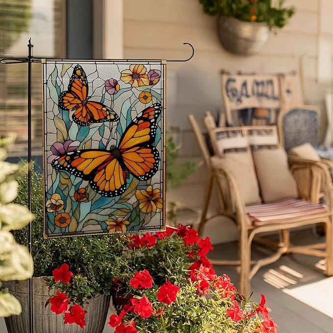 Garden Flags, Butterfly Garden Flag, Stained Glass Style Butterfly Floral Flag Double-Sided Flags for Farmhouse Yard Outdoor Decoration-12 x 18inch