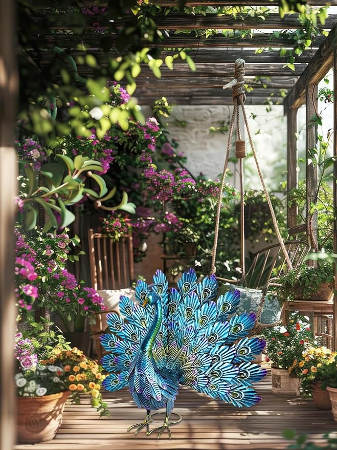 YEAHOME Garden Decor Outdoor Statues, 22.4" Large Metal Peacock Standing Yard Art, Blue Green Bird Lawn Sculptures Garden Decor for Outside Patio Porch Backyard