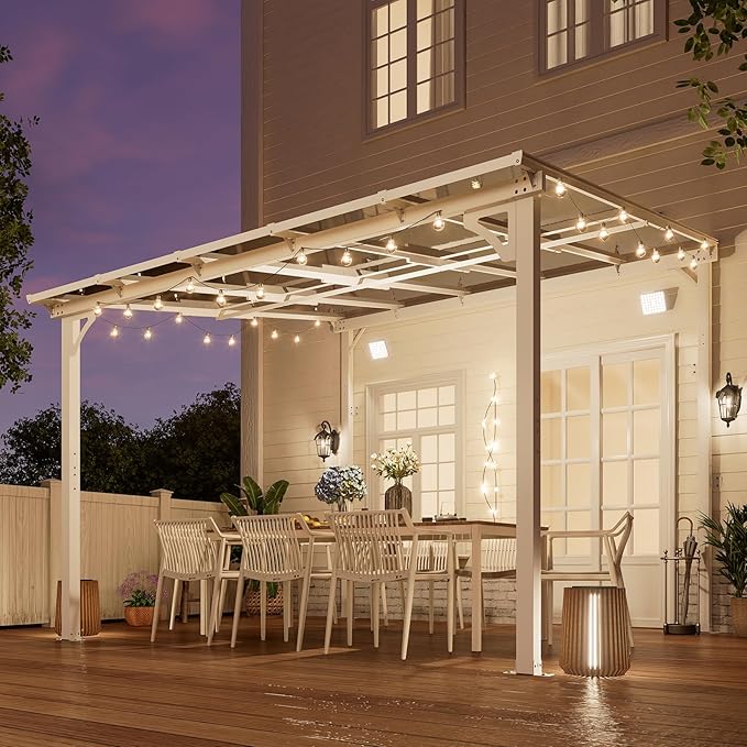 MEISSALIVVE 10' x 10' Wall Mounted Lean to Metal Awning with Sloped Roof, Outdoor Patio Gazebo Awning for Backyard, Deck, White