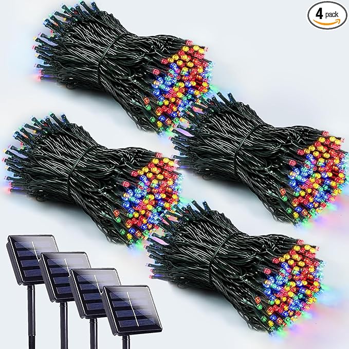 4 Pack 400 LED Solar Christmas Lights Outdoor, Solar String Lights for Outside with 8 Lighting Modes, Waterproof Green Wire Solar Powered Tree Light for Xmas Party Yard Garden Decorations (Multicolor)