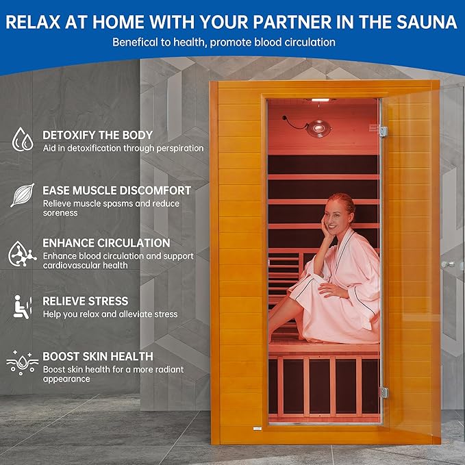 Infrared Sauna Room for Home, Near Zero EMF Wooden 2 Person Indoor Infrared Sauna at Home with Bluetooth, LCD Control Panel, Chromo Therapy Light
