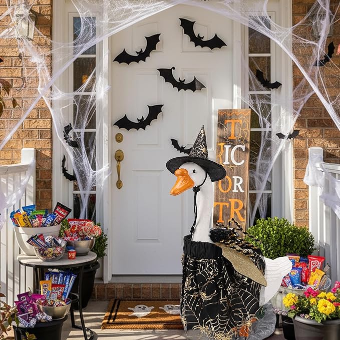 Halloween Porch Goose Outfits, Spider Goose Costume Yard Geese Statue Clothes for 23" Statue Patio Lawn Garden Decoration（Spider）
