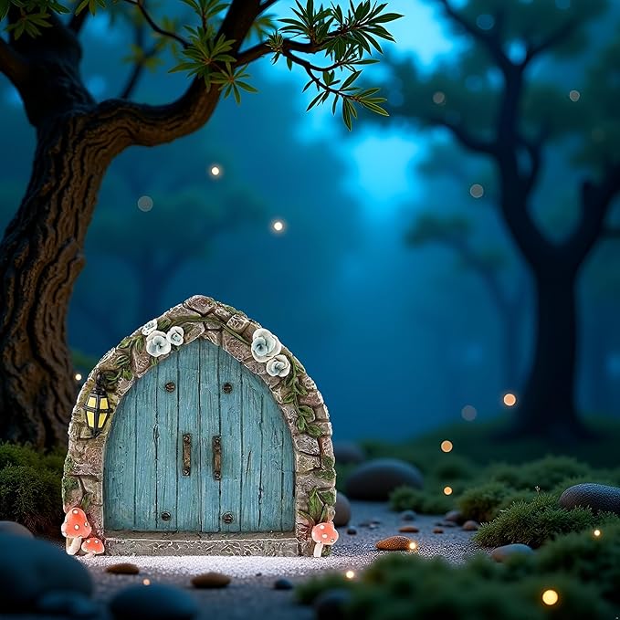 Blue Mini Fairy Garden Door for Tree, 3D Miniature Fairy Door for Fairytale Tiny House Doors, Bonsai Terrarium Micro Landscape Decoration Accessories Garden Miniatures