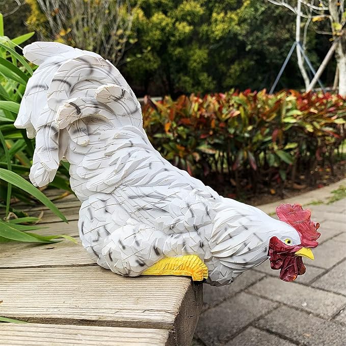 Garden Statues Cock Art Decoration Rooster Figurine Waterproof Chicken Sculpture Ornaments for Garden Yard Pathway Fence Porch Lawn (White)