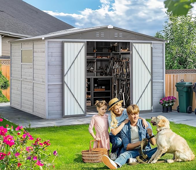 10x8 FT Wood Storage Shed, Large Outdoor Storage Shed with Lockable Door, Window and Vents,Outside Waterproof Wooden Metal Tool Storage for Garden, Patio, Lawn, Backyard (Gray)