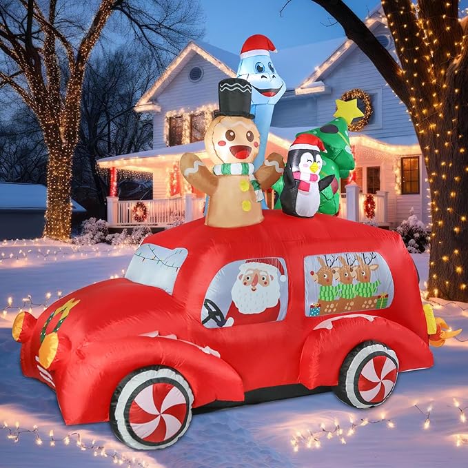 7.5 FT Long Christmas Inflatables Gingerbread Man Penguin Dinosaur with Xmas Tree and Santa Outdoor Decorations, Inflatables Car Blow up with Built-in LED Lights for Party Lawn Outdoor Yard