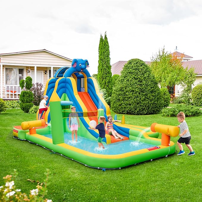 BOUNTECH Inflatable Water Slide, Elephant Surfing Slide Kids Water Park Jump Bouncy Castle w/Blower, 2 Splash Pools, Hide&Seek Cave, Outdoor Water Slides Inflatables for Big Kids Backyard Party Gifts