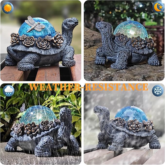 Outdoor Turtle Statue – Resin Animal Figurine with Blue Crystal Solar Lights,Golden Succulent Accents & Dragonfly Decor, Cute Garden Ornament, Yard Art for Lawn, Patio,Mom Wife Unique Gifts